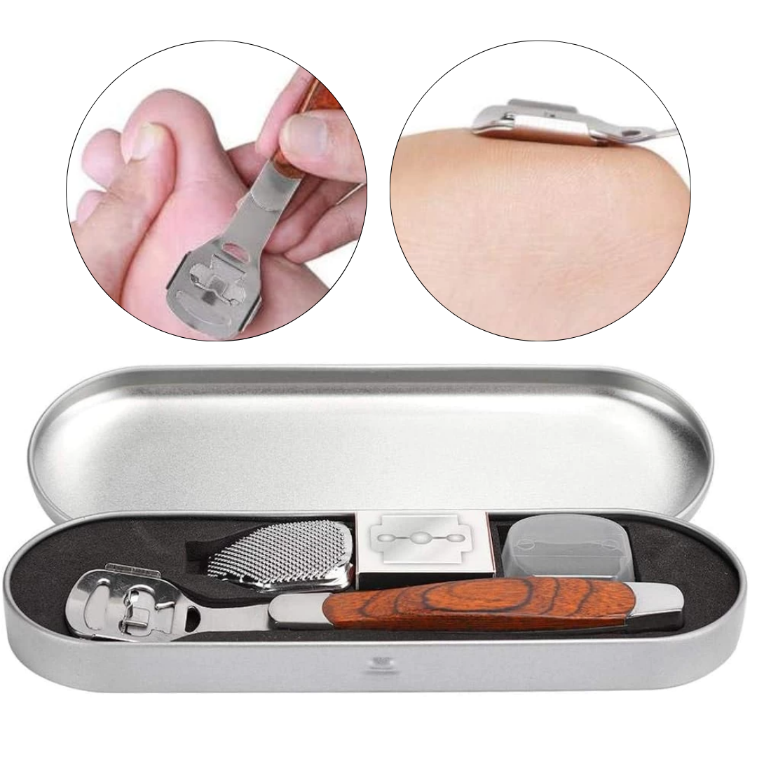 Kit Raspador Premium Paceon em aço inox com cabo ergonômico e lâminas refil para cuidados com pés e mãos.