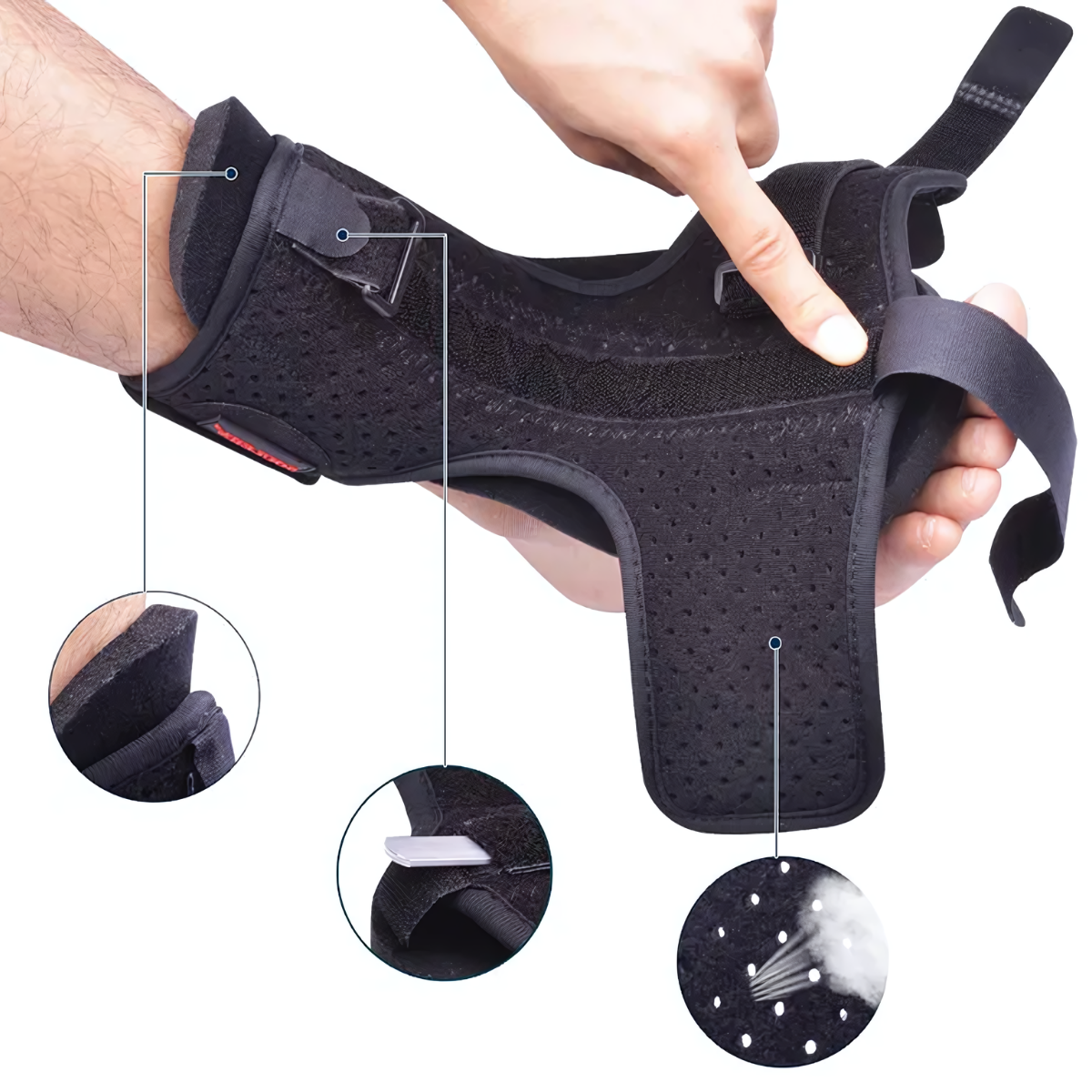 Suporte noturno ajustável Paceon com fecho em velcro, oferece estabilidade e conforto durante o descanso.