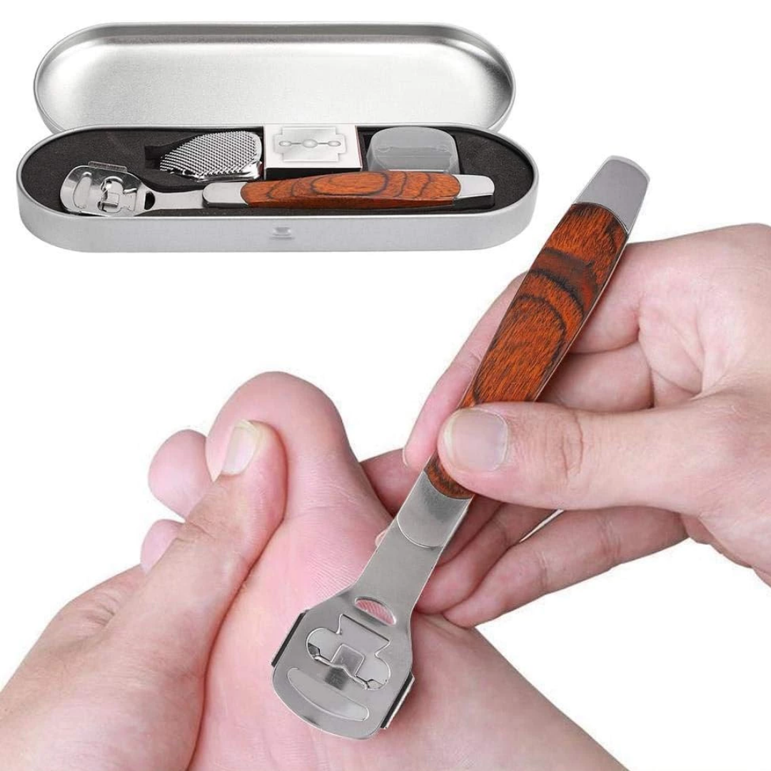 Kit Raspador Premium Paceon em aço inox com cabo ergonômico e lâminas refil para cuidados com pés e mãos.