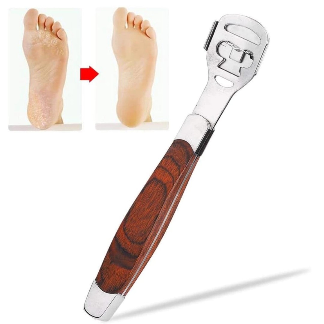 Kit Raspador Premium Paceon em aço inox com cabo ergonômico e lâminas refil para cuidados com pés e mãos.