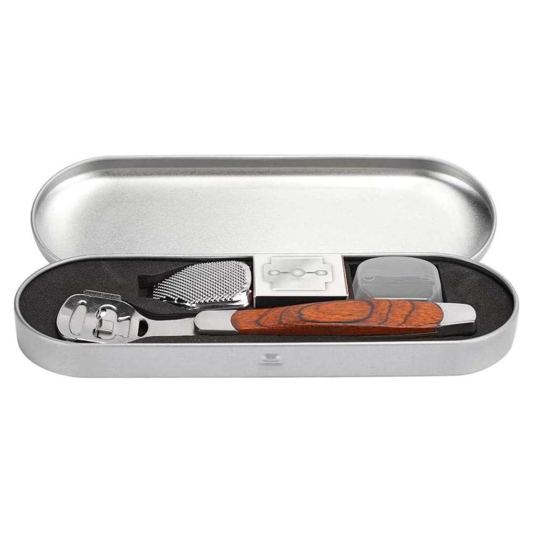 Kit Raspador Premium Paceon em aço inox com cabo ergonômico e lâminas refil para cuidados com pés e mãos.