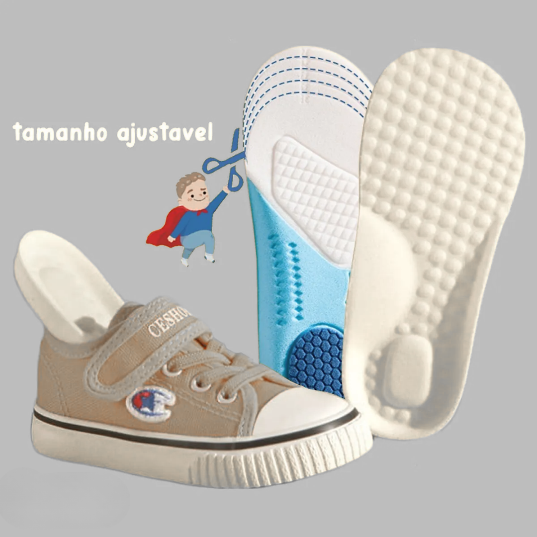 Palmilha ortopédica infantil MiniArco com suporte de arco, ideal para pés planos e conforto diário